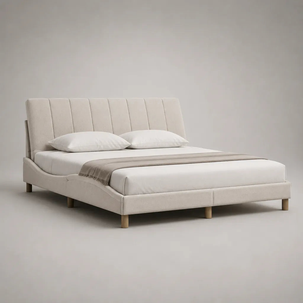Cadre de lit double rembourré 160 × 200 cm en velours polyester beige clair avec tête de lit à panneaux et pieds en bois brun naturel
