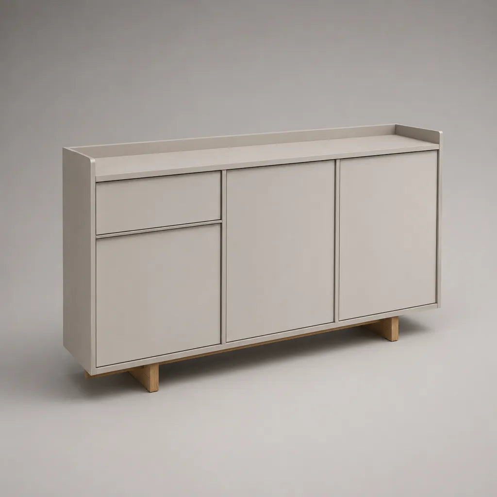 Buffet bas rectangulaire à 3 portes et 1 tiroir en MDF peint avec pieds en bois massif, grège et chêne naturel, 140 × 40 × 85 cm
