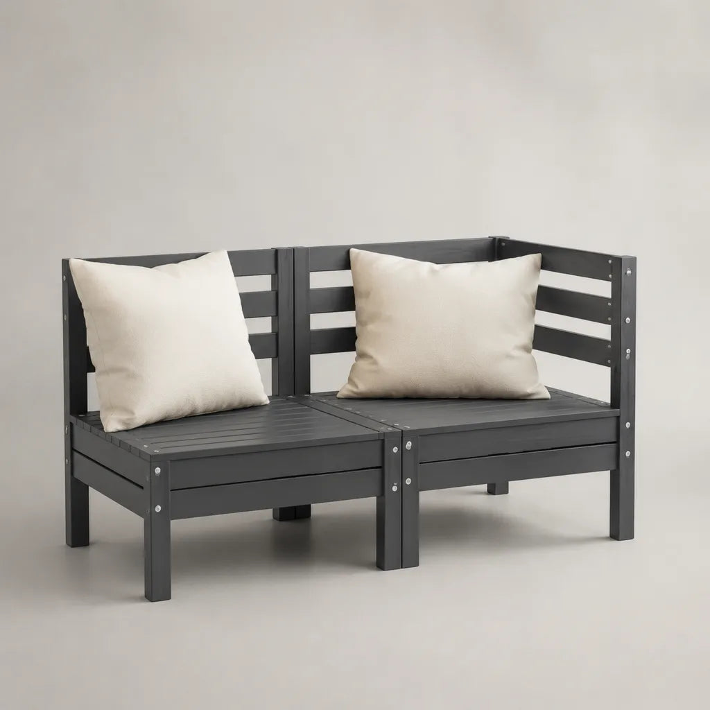 Canapé d’extérieur modulable 2 places en acacia massif anthracite avec 2 coussins beiges, 124 × 65 × 75 cm