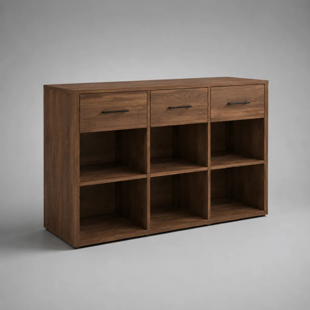 Buffet de rangement en panneaux de particules avec 3 tiroirs et 6 niches, marron noyer/noir, 140 × 40 × 90 cm