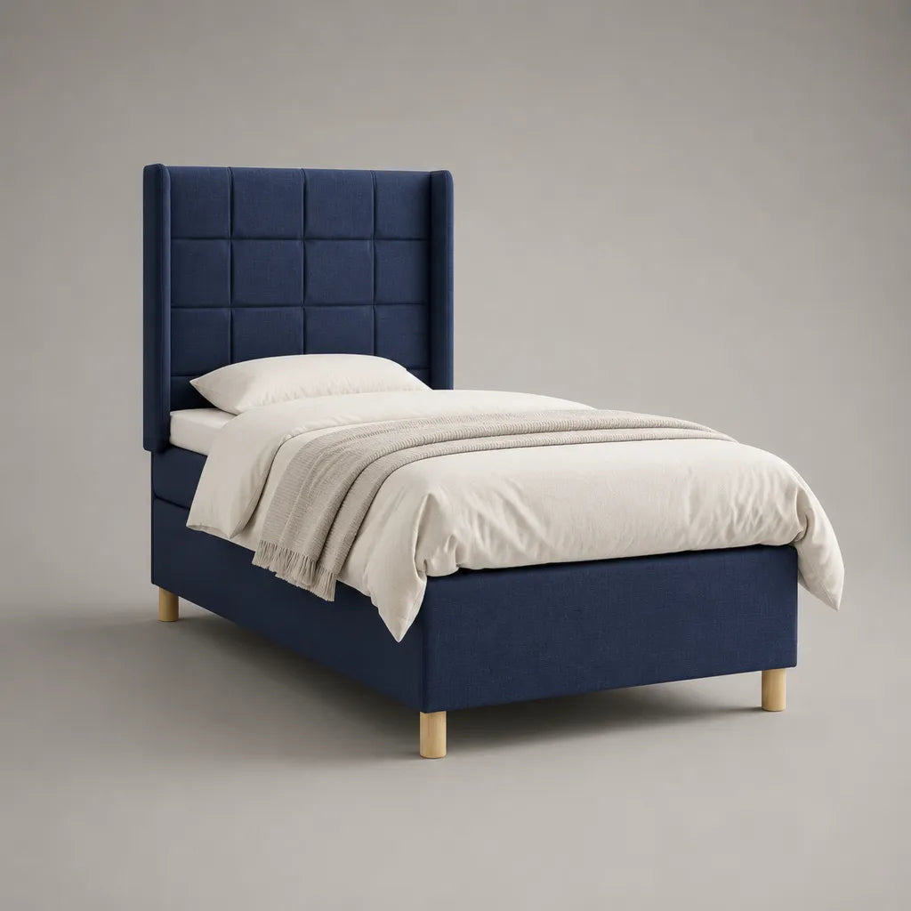 Lit simple rectangulaire rembourré en polyester bleu marine 90 x 190 cm, dimensions 203 x 102 x 130 cm, avec sommier à lattes et tête de lit haute