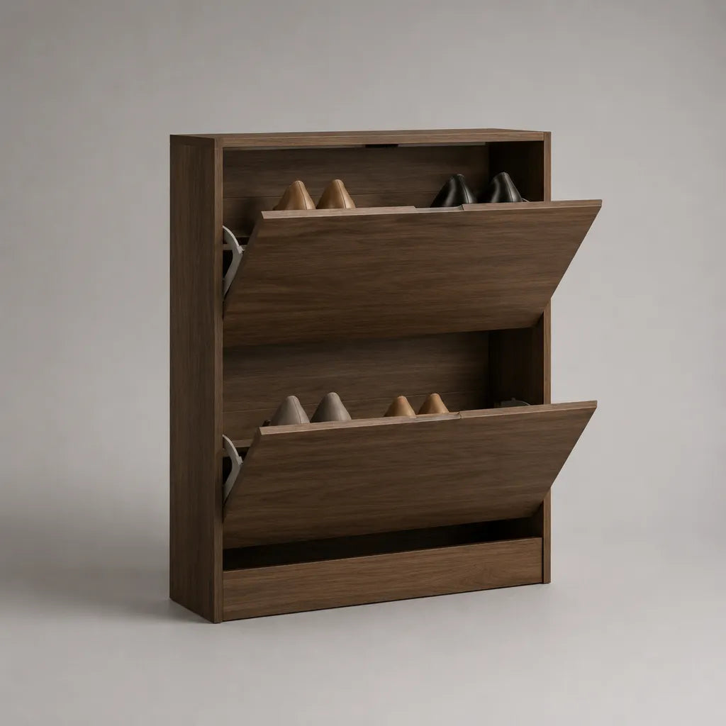 Meuble à chaussures étroit en panneaux de particules, 2 abattants, marron noyer, 80 × 24 × 100 cm