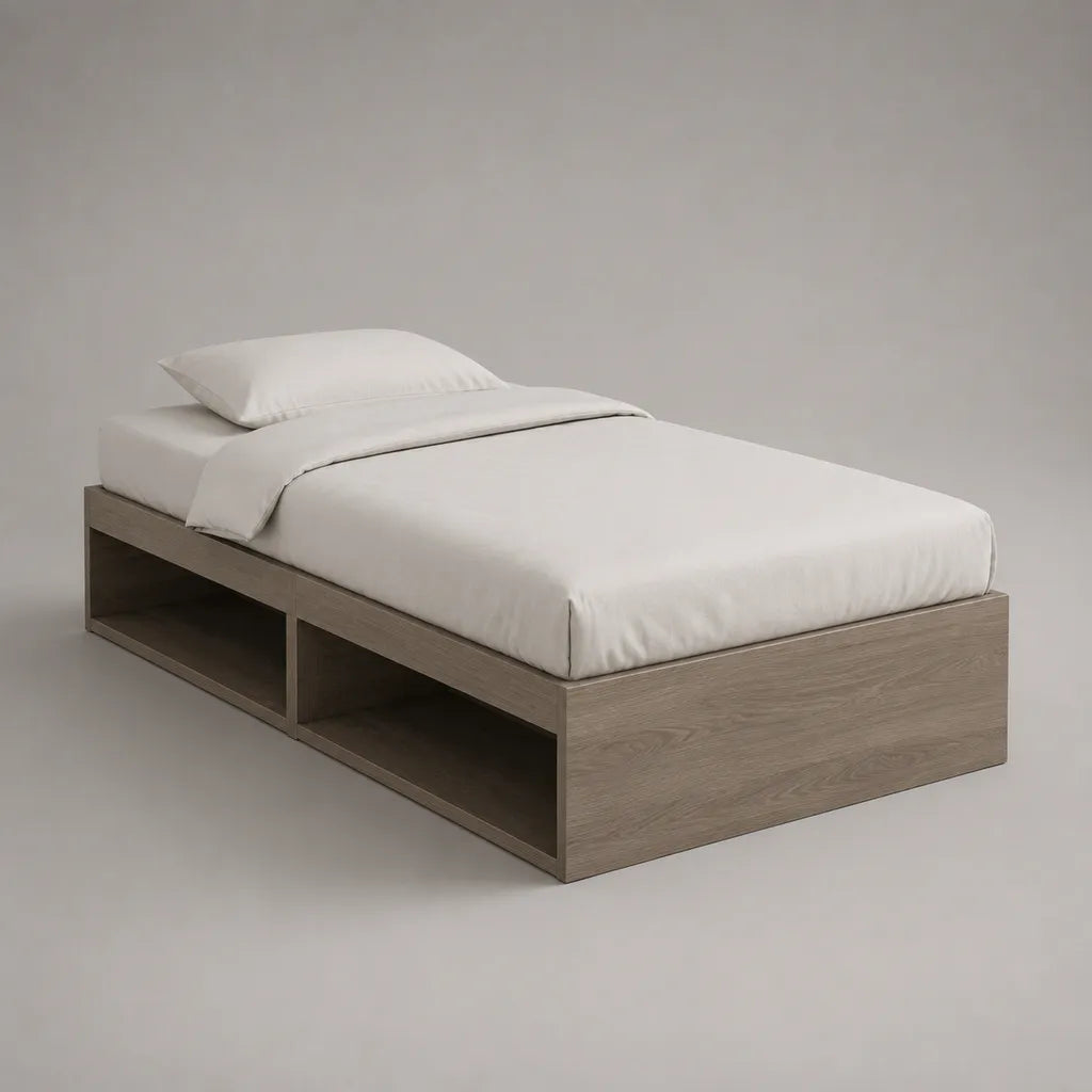 Lit simple rectangulaire en bois avec 2 niches de rangement latérales, chêne gris, couchage 90 × 190 cm, dimensions 196 × 96 × 40 cm