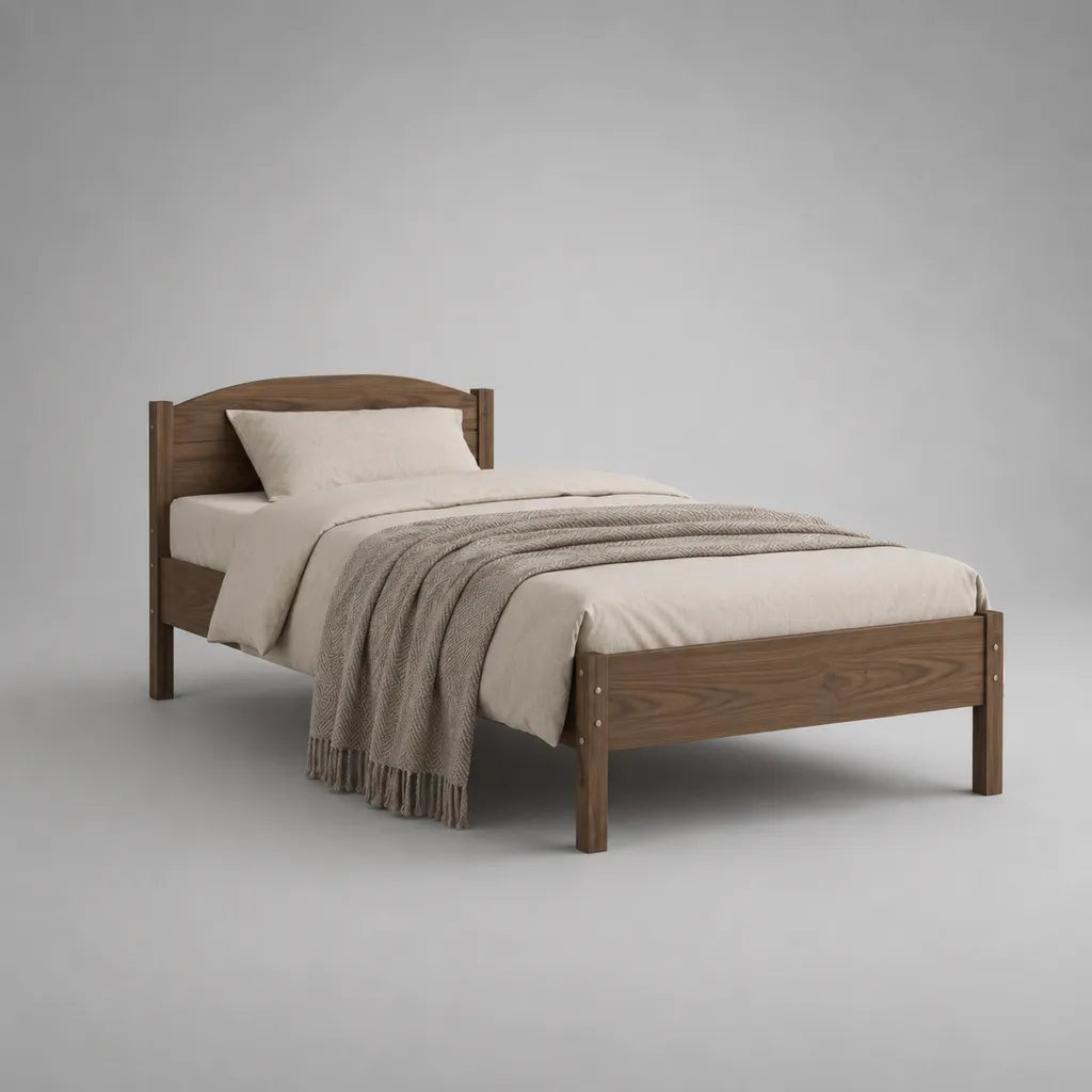 Lit simple en bois brun noyer, couchage 90 × 190 cm, dimensions 198 × 98 × 100 cm