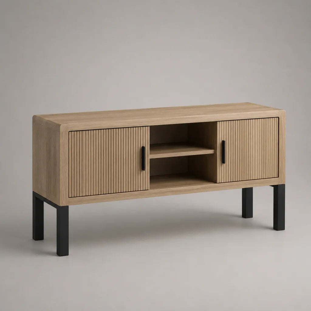 Buffet bas en bois et métal à 2 portes rainurées avec niche centrale, chêne clair et noir, 120 x 40 x 75 cm