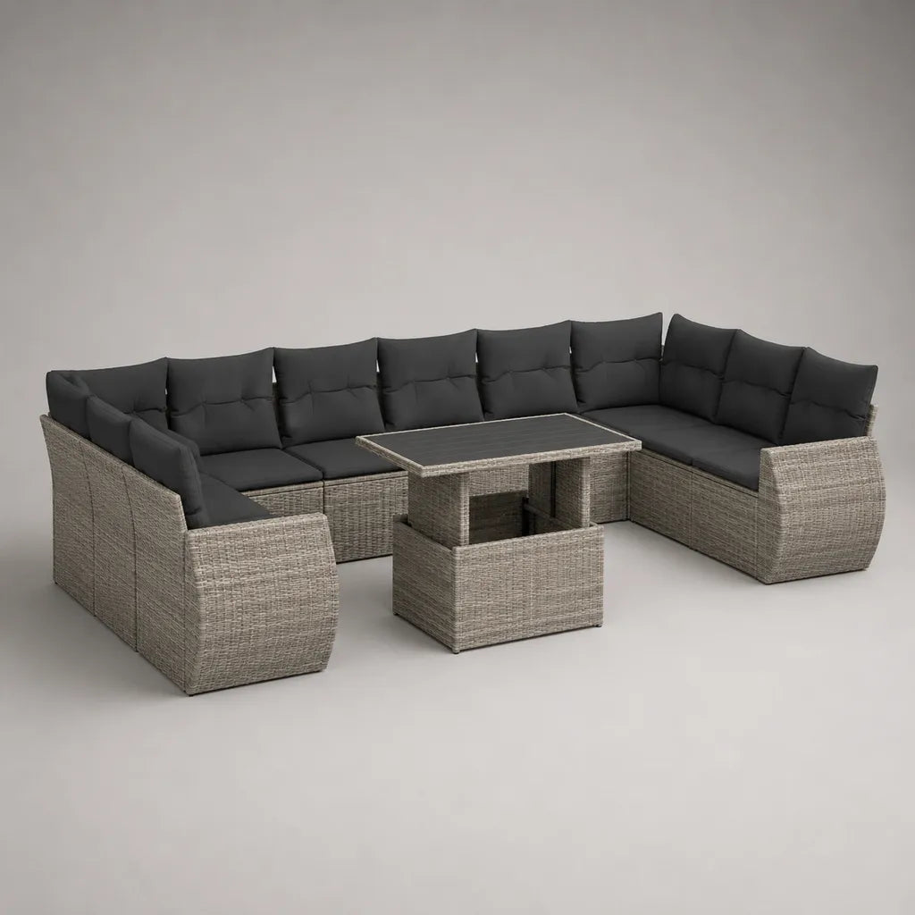 Salon de jardin 11 places en résine tressée avec canapé panoramique en U, table et 2 tabourets, gris chiné/anthracite, 285 × 191 × 74 cm