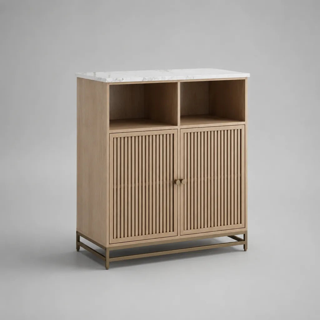 Buffet haut rectangulaire à 2 portes en MDF plaqué chêne avec plateau en pierre frittée, chêne naturel, blanc veiné et doré, 100 × 40 × 110 cm