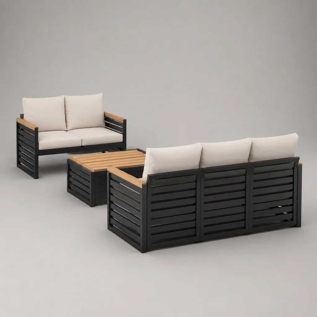 Salon de jardin extérieur 5 places, ensemble 3 pièces en aluminium et bois, noir, beige et brun naturel, canapés de 190 et 132 cm, table de 100 × 55 × 40 cm