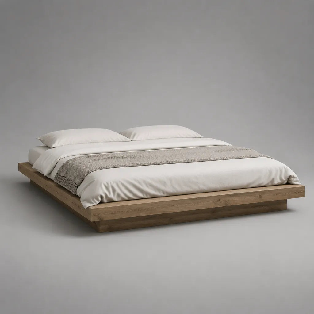 Cadre de lit plateforme 160 × 200 cm en chêne massif brun naturel, sans tête de lit, dimensions 220 × 180 × 25 cm
