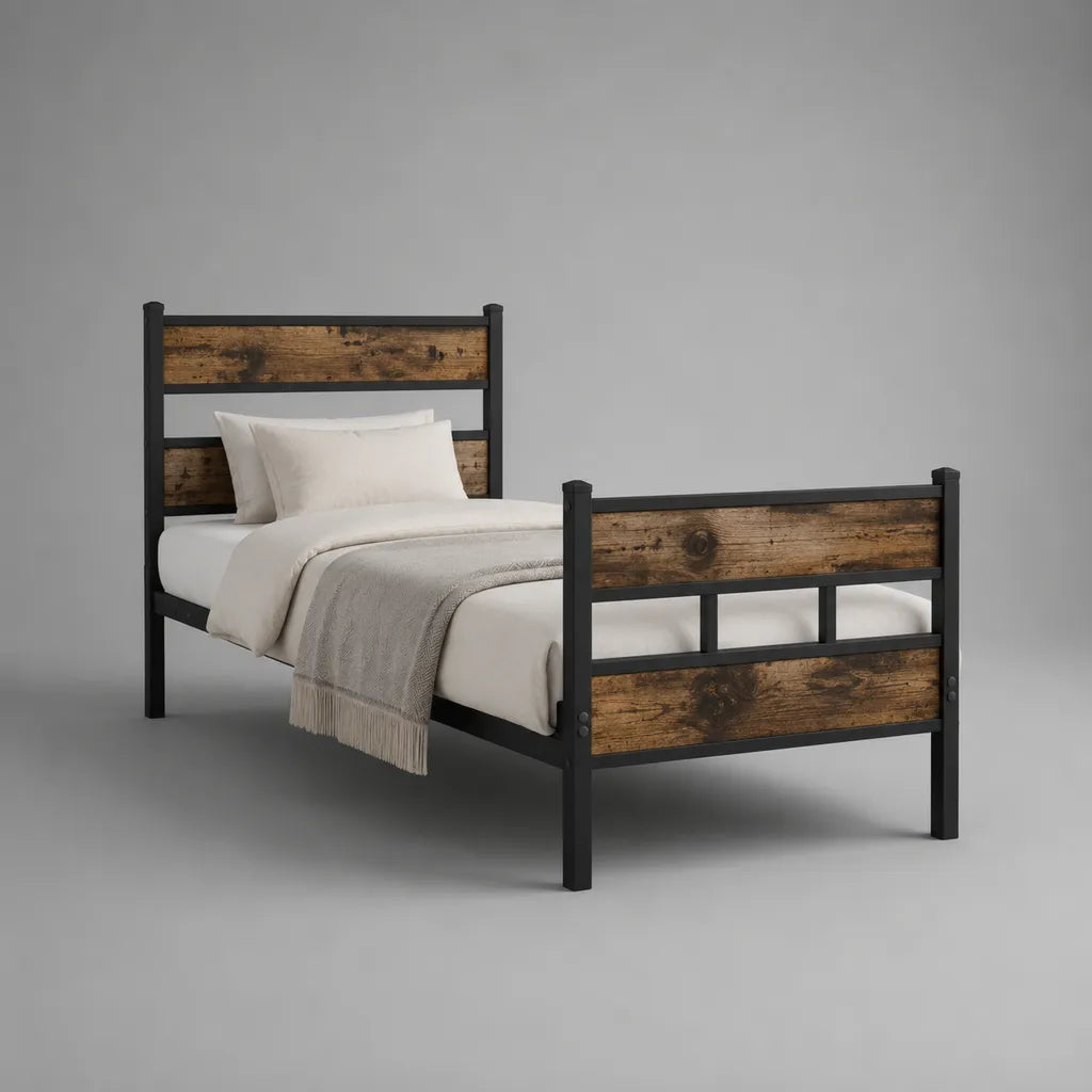 Lit simple 90 × 190 cm en acier et MDF, noir et brun chêne, 198 × 96 × 110 cm