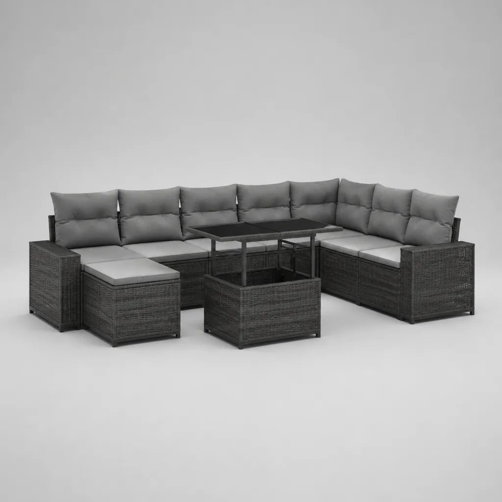 Salon de jardin d’angle en U 5 éléments en résine tressée PE et acier, anthracite, gris et gris clair, 330 × 260 × 90 cm