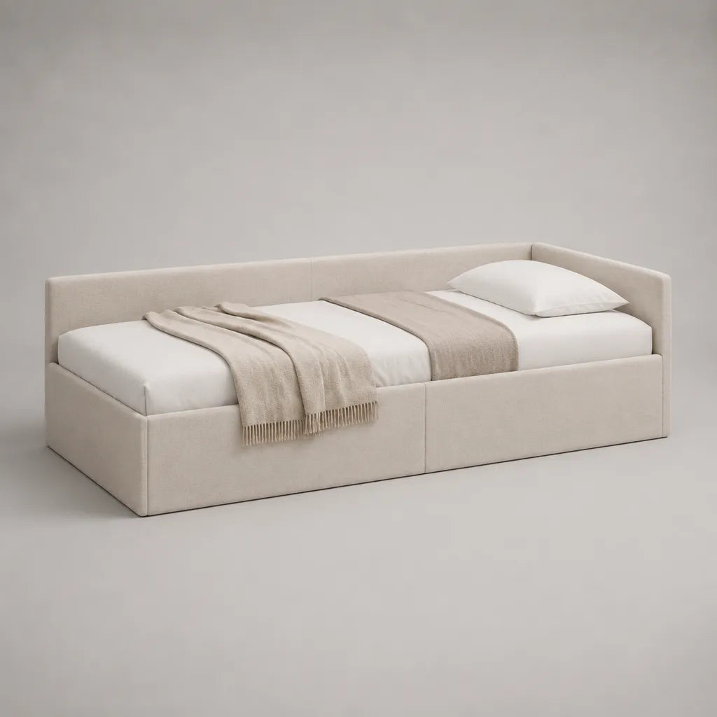 Lit banquette rectangulaire en tissu beige 90 × 200 cm avec 2 tiroirs