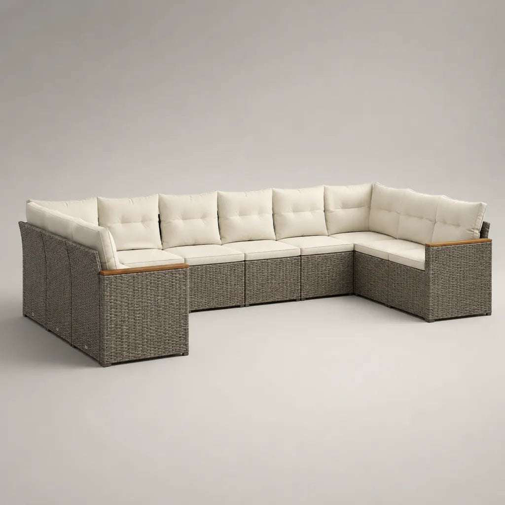 Canapé de jardin d’angle modulable 7 places en résine tressée grise avec coussins écrus, 310 × 220 × 74 cm