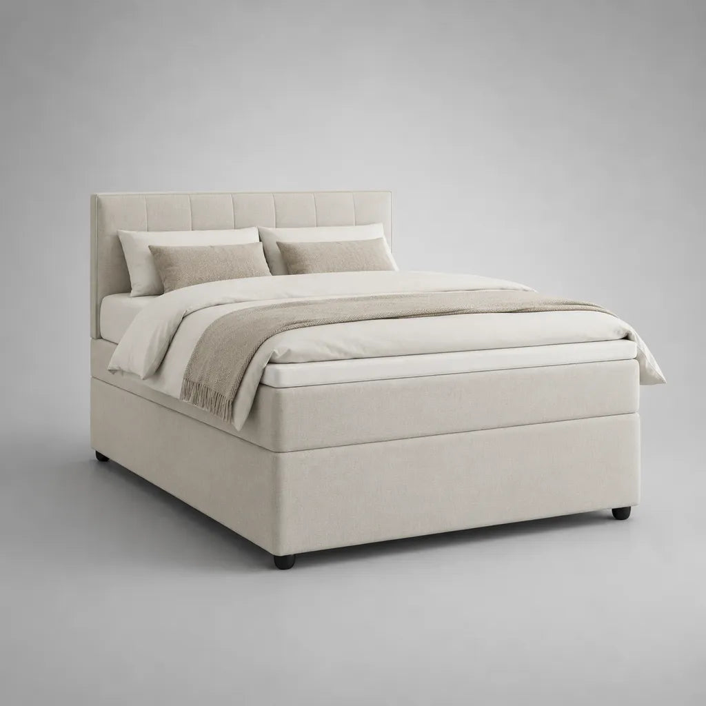Lit double rembourré en polyester beige avec sommier tapissier et matelas, couchage 160 x 200 cm