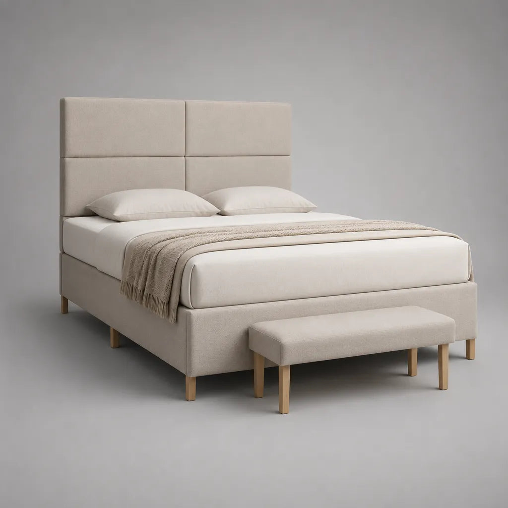 Ensemble 2 pièces lit double rembourré et banc en tissu beige et bois, couchage 160 × 200 cm
