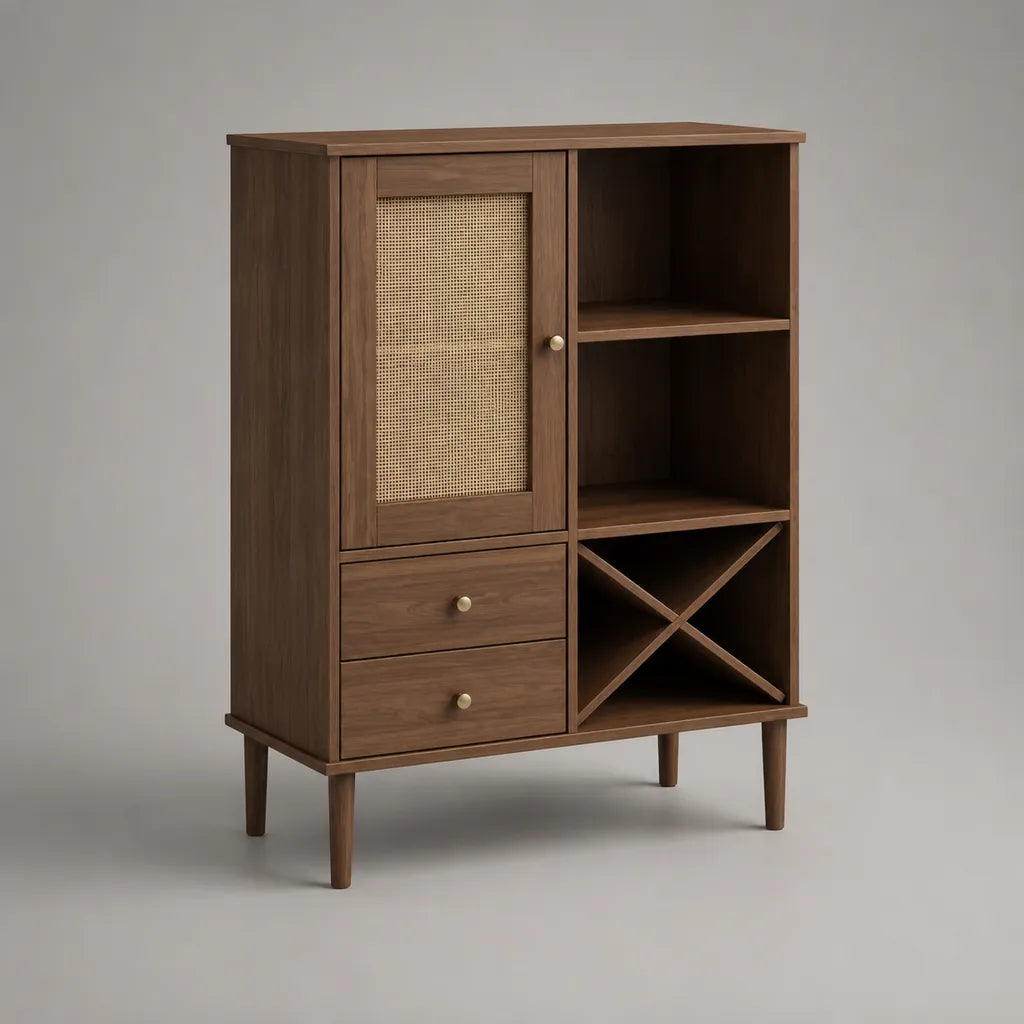 Buffet haut en MDF plaqué noyer et rotin, marron noyer et beige naturel, avec 1 porte, 2 tiroirs, 2 niches et casier à bouteilles, 90 × 40 × 120 cm
