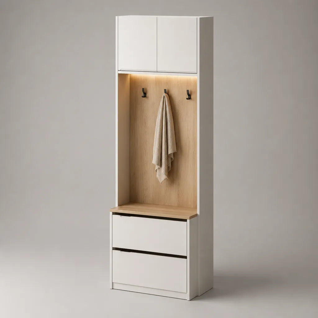 Meuble à chaussures d’entrée rectangulaire avec banc, 3 patères et éclairage LED, panneaux de particules blanc et chêne clair, 60 × 35 × 180 cm