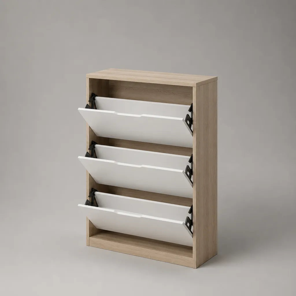 Meuble à chaussures en bois à 3 abattants, chêne clair et blanc, 60 × 24 × 120 cm