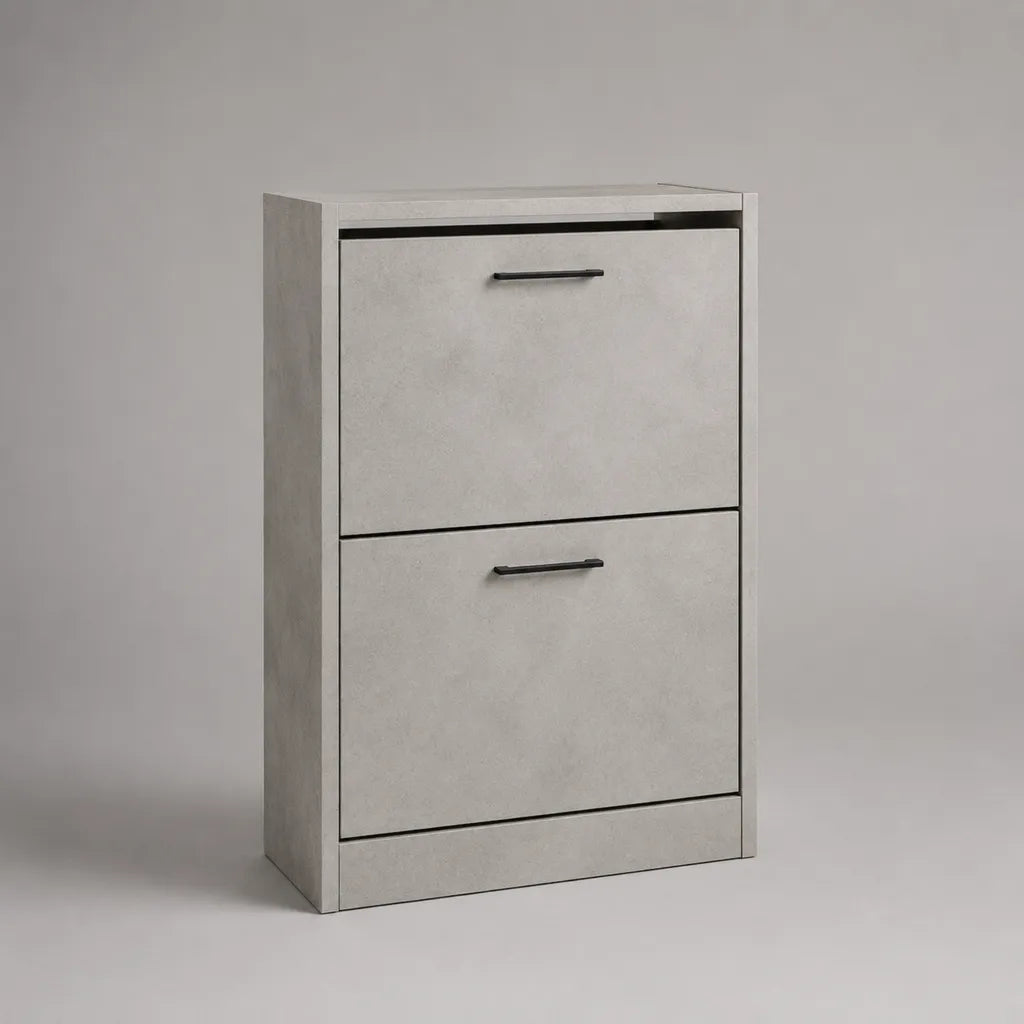Meuble à chaussures rectangulaire à 2 abattants en panneaux de particules mélaminés, gris effet béton et noir, 80 × 24 × 120 cm