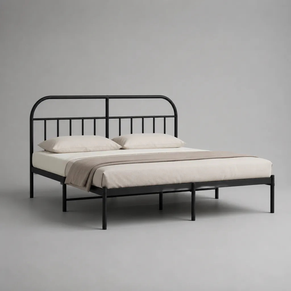 Cadre de lit double 160 x 200 cm en acier noir avec tête de lit et sommier à lattes