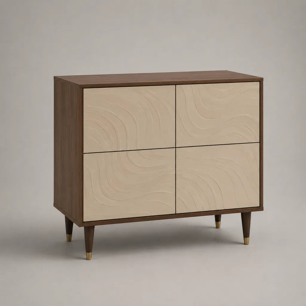 Buffet rectangulaire 4 portes en MDF plaqué noyer, façades beiges en relief et détails couleur laiton, 100 × 40 × 90 cm