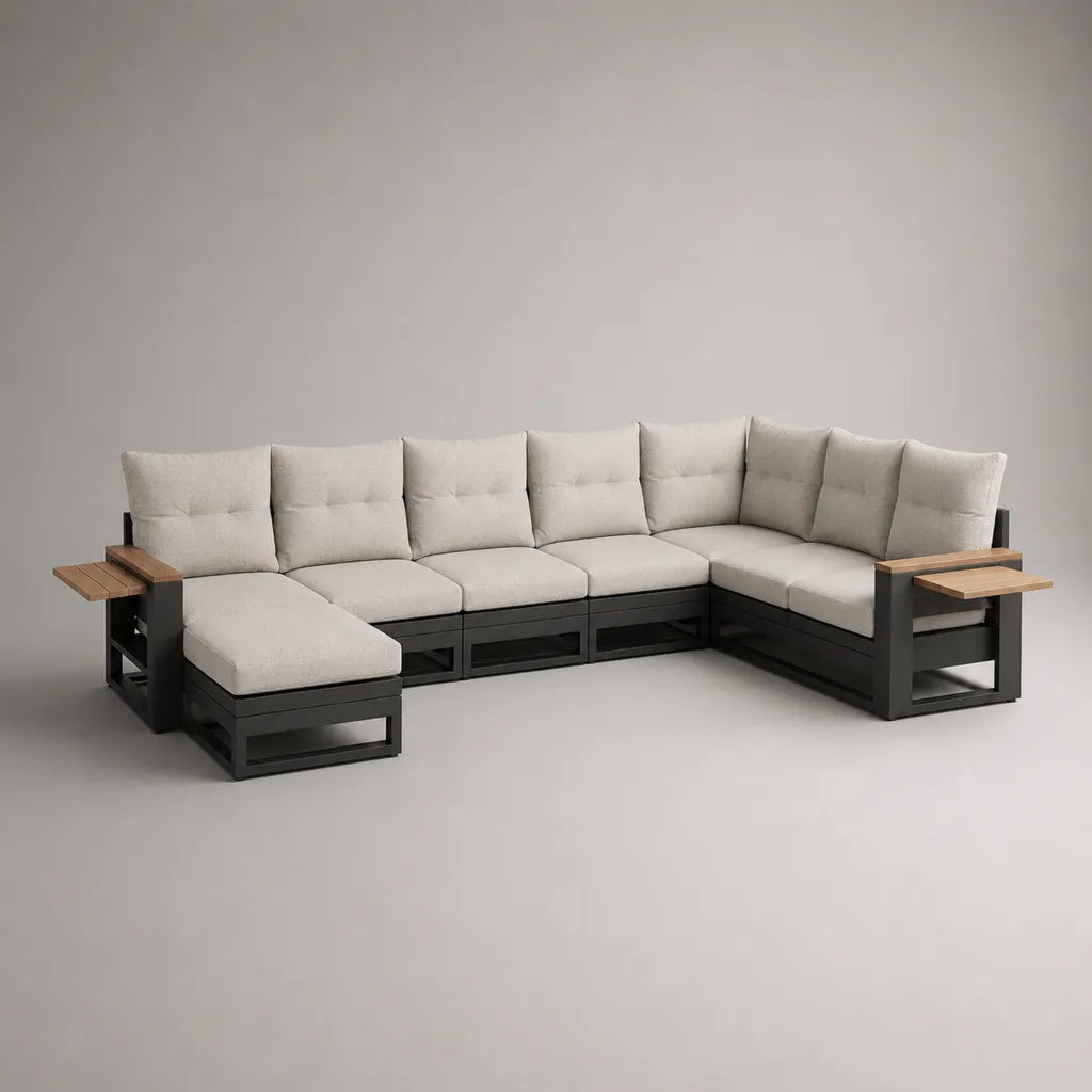 Canapé de jardin modulable 7 places en aluminium et polyester, forme en U, anthracite, beige clair et brun naturel, 335 × 220 × 78 cm
