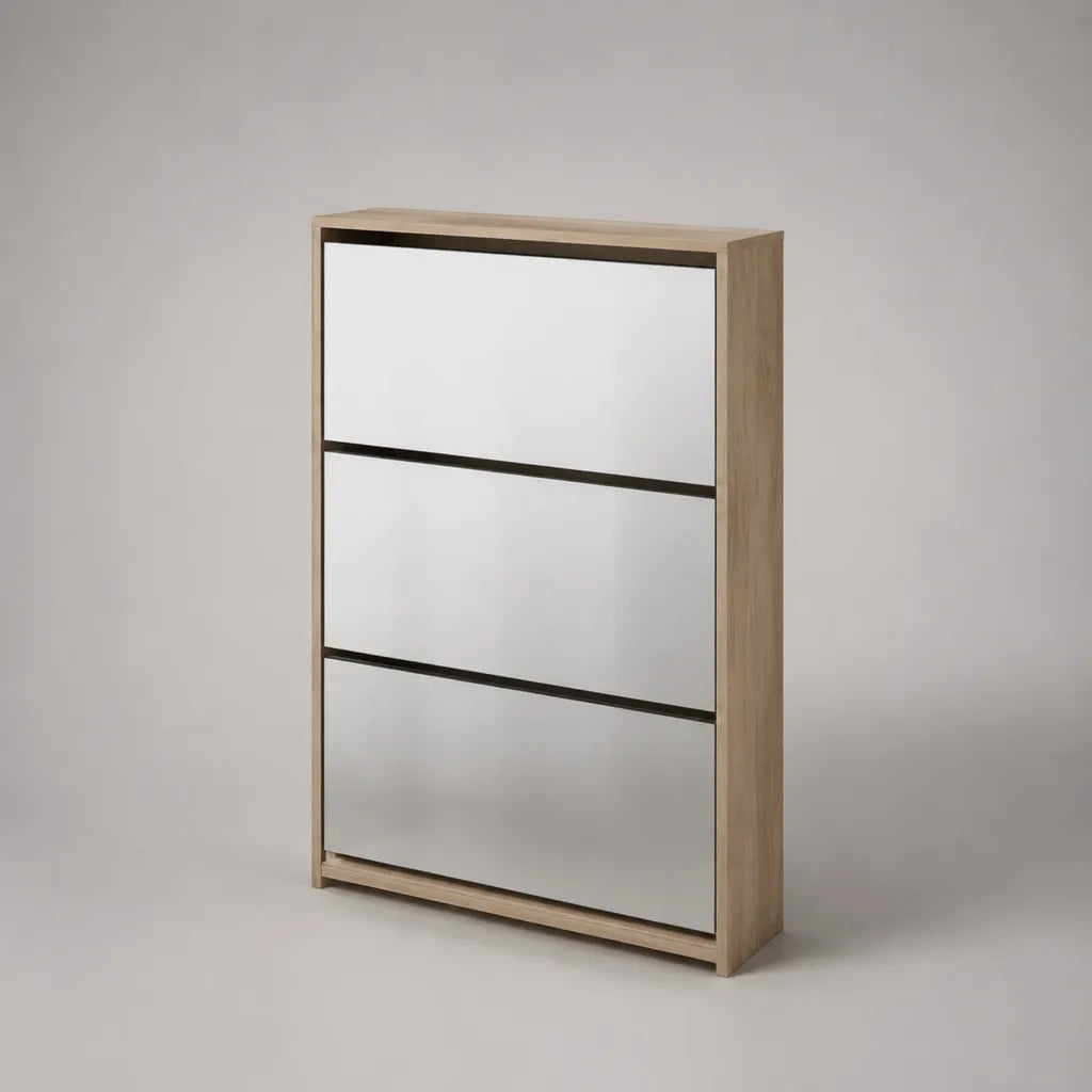 Meuble à chaussures étroit en bois et verre miroir, 3 abattants, chêne clair, argenté et noir, 60 × 24 × 120 cm