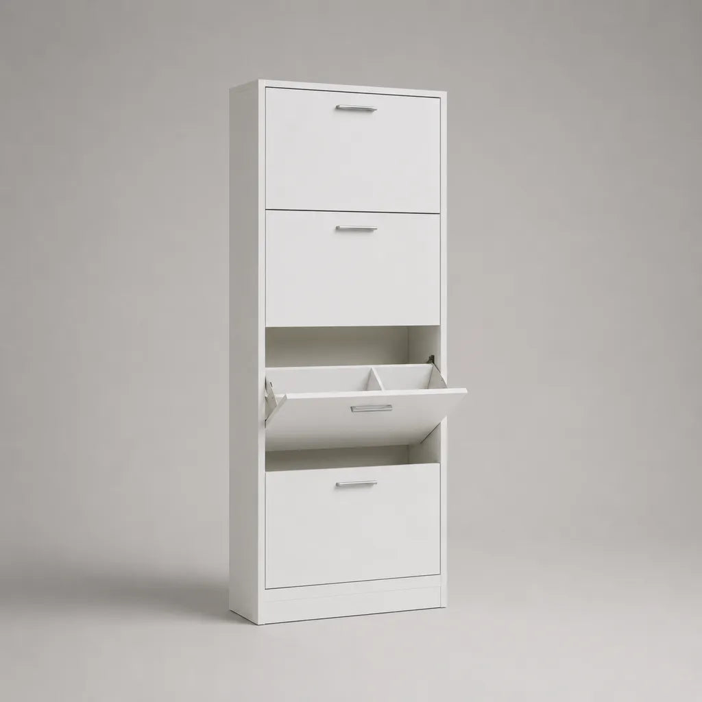 Meuble à chaussures blanc et argenté à 4 abattants en panneaux de particules mélaminés, 60 × 24 × 160 cm